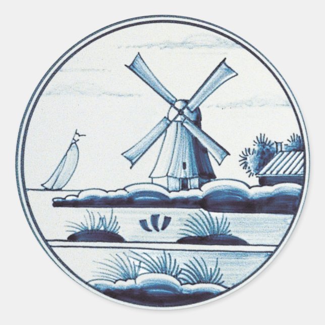 Pegatina Redonda Baldosa azul tradicional de Holanda (Anverso)