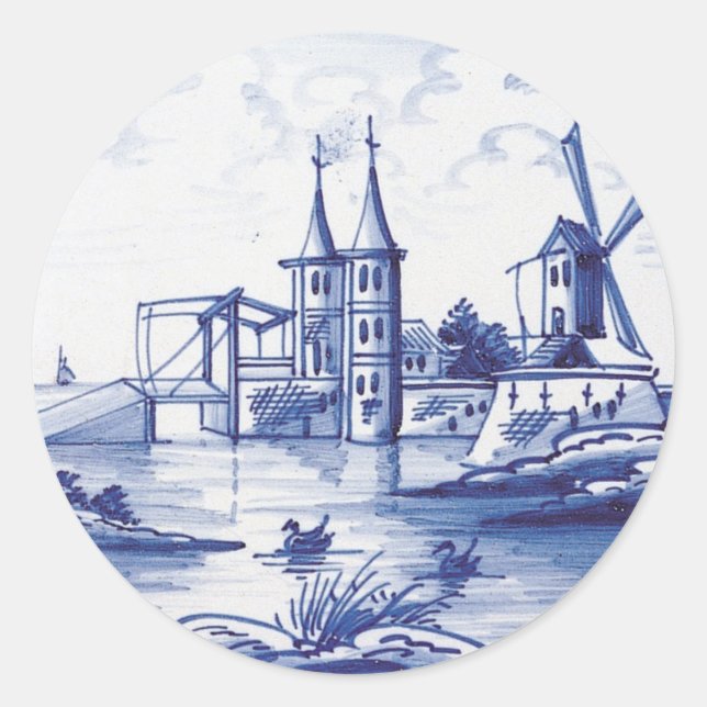 Pegatina Redonda Baldosa azul tradicional de Holanda (Anverso)