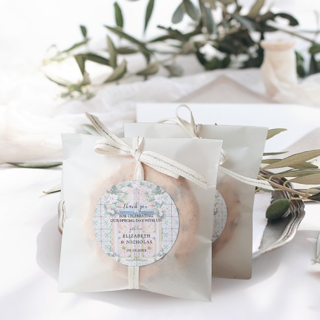 Pegatina Redonda Baldosas florales | Favor de la boda tropical marr (Subido por el creador)