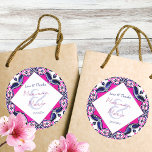 Pegatina Redonda Baldosas mexicanas rosas y azules favorecen la bod<br><div class="desc">Boda de azulejos de Talavera español rosado y azul  agradecemos a los pegatinas de plantilla nombres de novias y novios favorecen a los pegatinas</div>