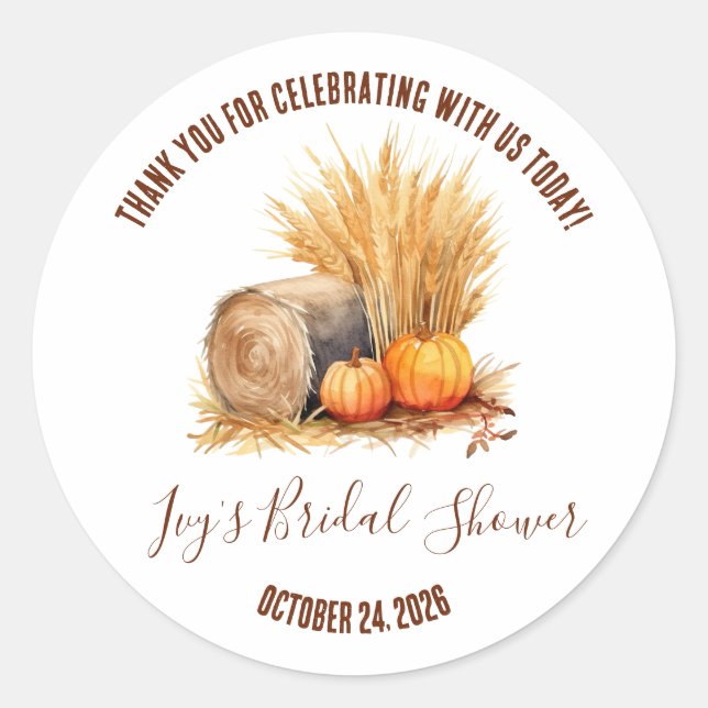 Pegatina Redonda Bale de Hay y Calabaza Bridal Shower Favor (Anverso)