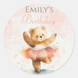 Pegatina Redonda Balerín de oso pequeño acuarela rosa Cumpleaños
