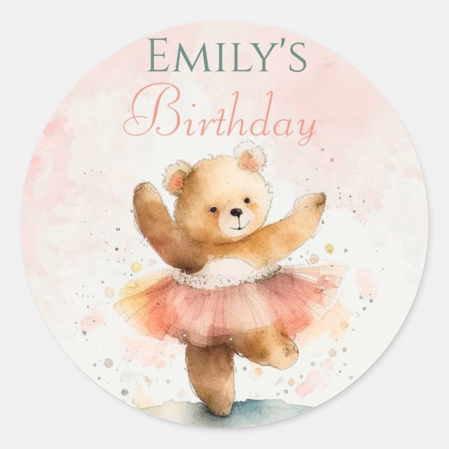 Pegatina Redonda Balerín de oso pequeño acuarela rosa Cumpleaños (Anverso)