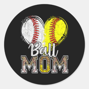Pegatina Redonda Ball Mom Heart Baseball Softball Mama Women Madre