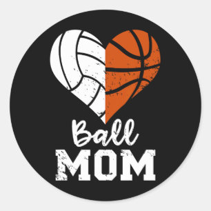 Pegatina Redonda Ball Mom Heart Fun Voleibol De Básquetbol Mamá