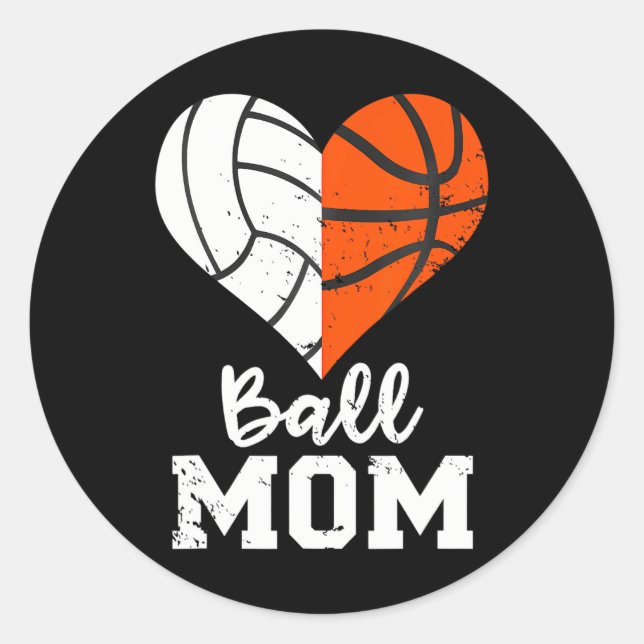 Pegatina Redonda Ball Mom Heart Funny Volleyball Basketball Mom (Anverso)