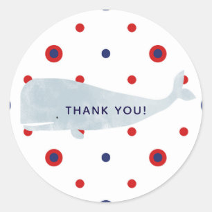 Pegatina Redonda Ballena Acuarela Náutica Gris Puntos Rojos Azules 