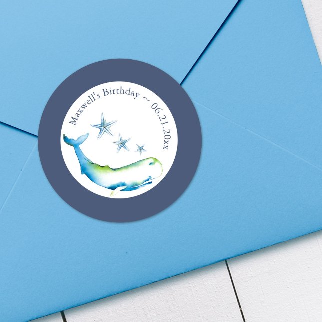 Pegatina Redonda Ballena acuarela y estrella de mar azul  (Personalized party favor stickers watercolor whale art by Victoria Grigaliunas of Do Tell A Belle)