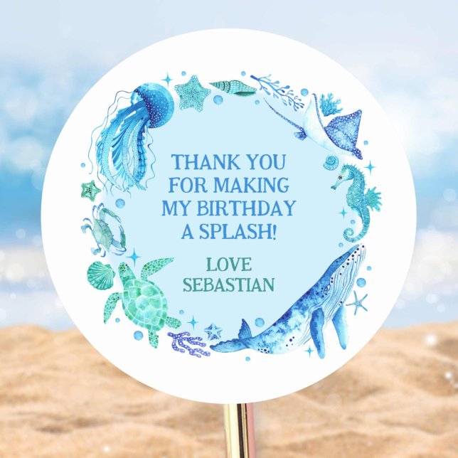 Pegatina Redonda Ballena acuática náutica bajo el mar gracias (Nautical Under the Sea Watercolor Whale Thank You Classic Round Sticker)