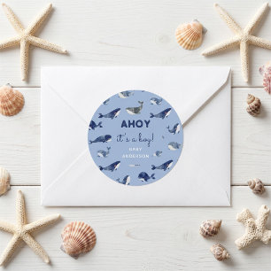 Pegatina Redonda Ballena Azul Ahoy es un Niño Fiesta de Cumpleaños 