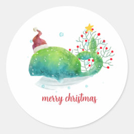 Pegatina Redonda Ballena corta con árbol de Navidad de Santa Hat