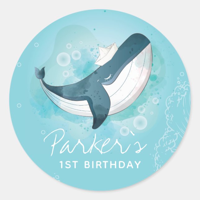 Pegatina Redonda Ballena de cumpleaños personalizada (Anverso)