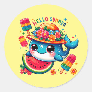 Pegatina Redonda Ballena de playa fina hola verano