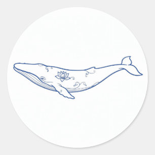 Pegatina Redonda Ballena de porcelana azul arte de línea de loto