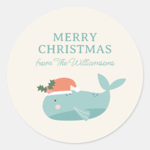 Pegatina Redonda Ballena linda Navidad Personalizada