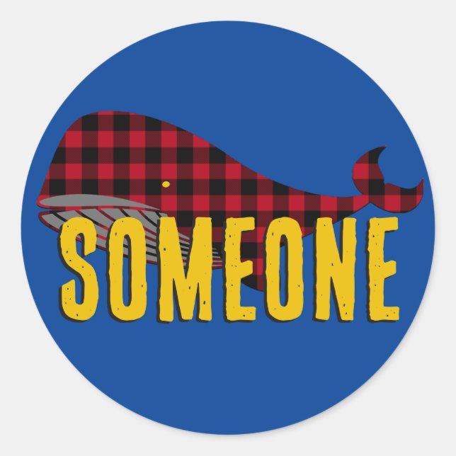 Pegatina Redonda Ballena personalizado, rojo ruidoso sobre azul en  (Anverso)