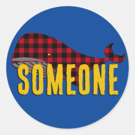 Pegatina Redonda Ballena personalizado, rojo ruidoso sobre azul en