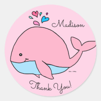 Pegatina Redonda Ballena rosa Kawaii personalizada