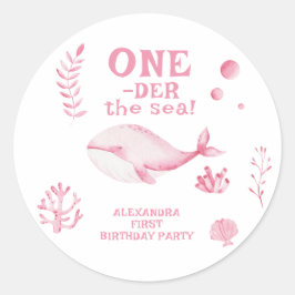 Pegatina Redonda Ballena Rosa Oneder El Mar 1er Cumpleaños 