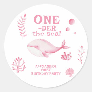 Pegatina Redonda Ballena Rosa Oneder El Mar 1er Cumpleaños