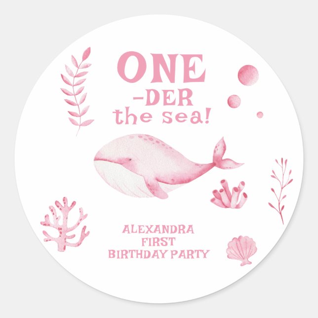 Pegatina Redonda Ballena Rosa Oneder El Mar 1er Cumpleaños  (Anverso)