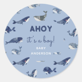 Pegatina Redonda Ballenas azules, es un niño Baby Shower