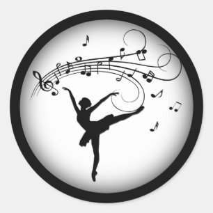 Pegatina Redonda Ballerina Dancing with Music Notes