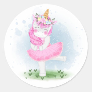 Pegatina Redonda Ballerina de unicornio con corona de flores