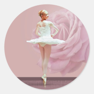 Pegatina Redonda Ballerina en blanco con rosa rosa rosa