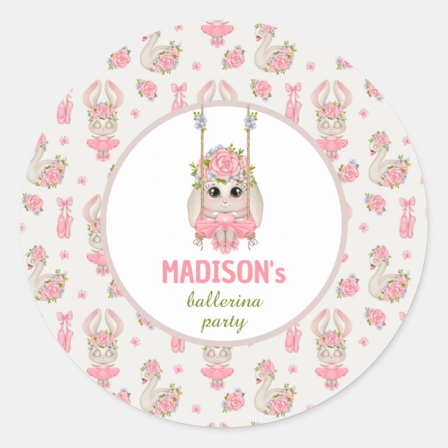 Pegatina Redonda Ballerina fiesta chica de conejo floral rosa (Anverso)
