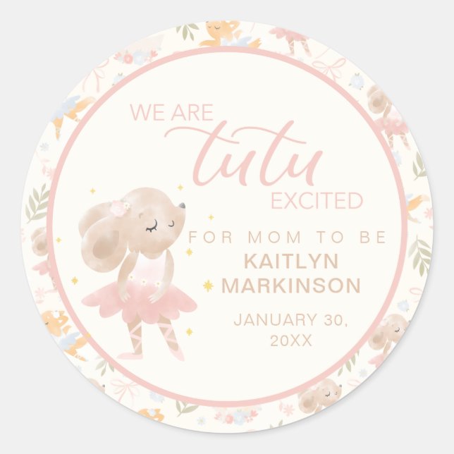 Pegatina Redonda Ballerina Mouse Tutu Emocionado Baby Shower (Anverso)
