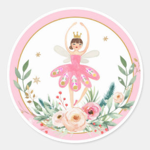 Pegatina Redonda Ballerina Nutcracker Chica Rosa Cumpleaños Cupcake