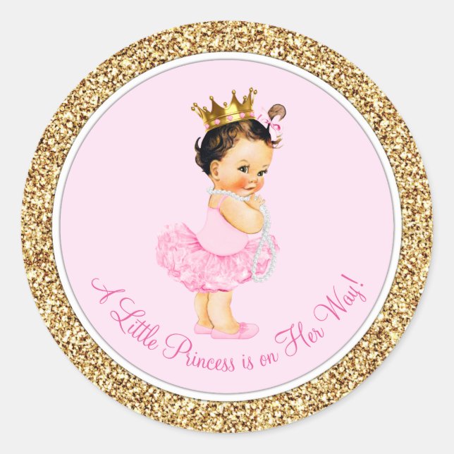 Pegatina Redonda Ballerina Princess Pink Gold Baby Shower (Anverso)