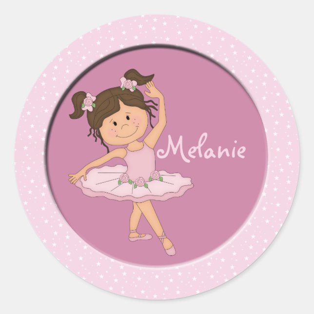 Pegatina Redonda Ballerina rosada cuta 4 Nombre personalizado (Anverso)