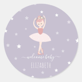 Pegatina Redonda Ballerina Stars Purple Baby Baby Shower