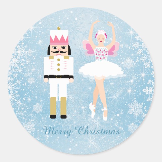 Pegatina Redonda Ballerina y Nutcracker en Navidades azules (Anverso)