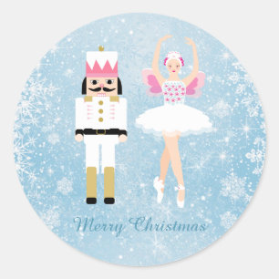 Pegatina Redonda Ballerina y Nutcracker en Navidades azules