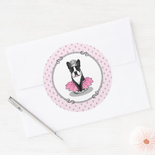 Pegatina Redonda Ballet Ballerina Princess Boston Terrier (negro)