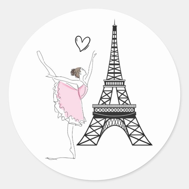 Pegatina Redonda Ballet de Baile Ballerina y Torre Eiffel (Anverso)