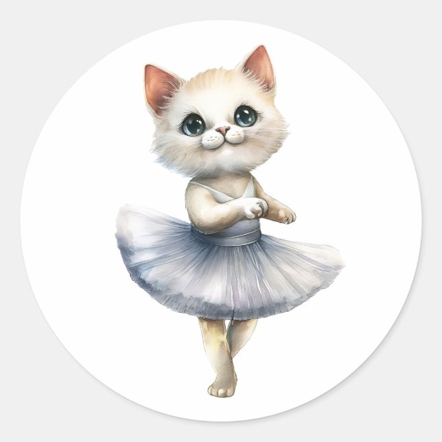 Pegatina Redonda Ballet de baile de gatito blanco (Anverso)