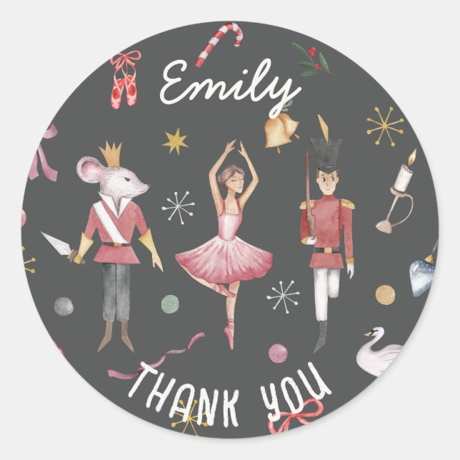 Pegatina Redonda Ballet Nutcracker Ballerina Cumpleaños Gracias (Anverso)