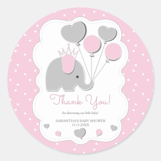 Pegatina Redonda Balloon Pink Elephant Baby Shower Girl (Anverso)
