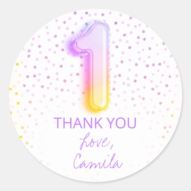 Pegatina Redonda Balón arcoiris Letra número uno primer cumpleaños (Anverso)