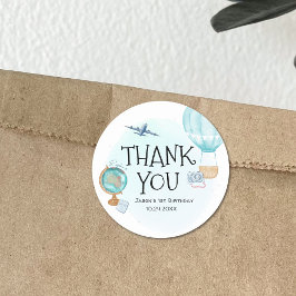 Pegatina Redonda Balón de aire caliente Aventura Azul Primer cumple