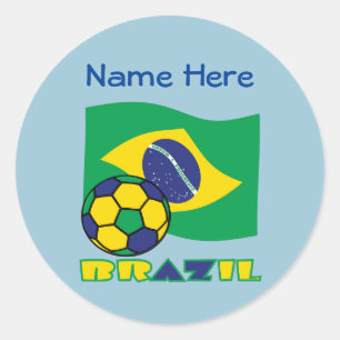 Pegatina Redonda Balón de Fútbol Bandera Brasileña Brasil Azul Pers