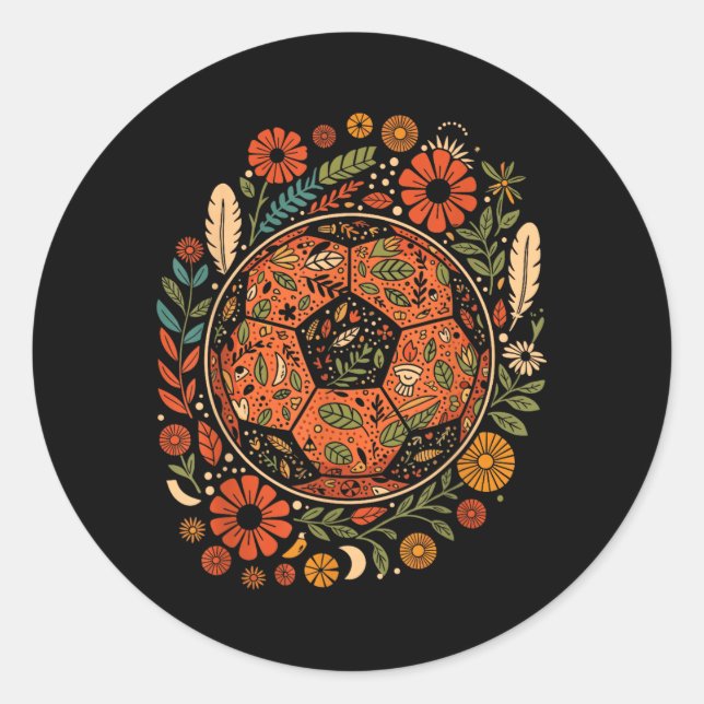 Pegatina Redonda Balón de fútbol de flores boho (Anverso)