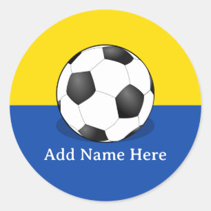 Pegatina Redonda Balón de fútbol sobre fondo amarillo y azul