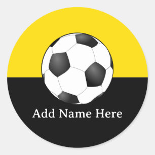 Pegatina Redonda Balón de fútbol sobre fondo amarillo y negro