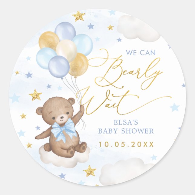 Pegatina Redonda Balón de Oro Azul Nubes Estrellas Niño (Anverso)