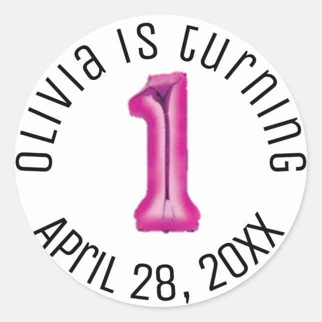 Pegatina Redonda Balón rosa caliente Primer Chica Cumpleaños Fiesta (Anverso)